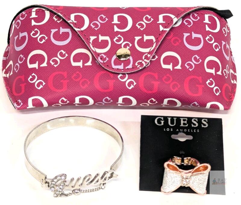 GUESS Jewelry & Accessories : Pink Logi Aviator Glasses Case, 1White Clear Crystal Rhinestone Bangle Cuff Bracelet & Micro Rhinestone Bow Rosegoldtone Expansion Ring