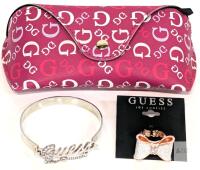 GUESS Jewelry & Accessories : Pink Logi Aviator Glasses Case, 1White Clear Crystal Rhinestone Bangle Cuff Bracelet & Micro Rhinestone Bow Rosegoldtone Expansion Ring