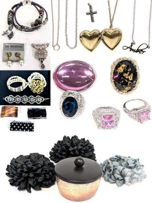 Assorted Jewelry & Accessories: 3&times; Large 6" Magnetic Flowers, Lidded Glass Trinket Dish, Rings (Size 7.5-9 + Expansion), Bracelets, Smart Watch Bracelet Wrist Band, Necklaces Up To 20" +++