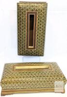 Pair of Vintage Iranian Persian Inlaid Khatam Marquetry Painted Footed Wood Kleenex / Tissue Holders With Sliding Bottom Access, 10.25" &times; 5.5" &times; 2.75" Tall
