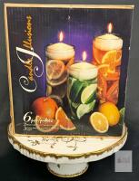 Vintage Porcelain De France Handpainted Pedestal Cake Stand 12" Diam &times; 5" Tall + As-New Vintage Candle Illusions 3pc Clear Glass Cylinders + 3 Floating Candles (7.5", 8.75", 10")