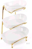 New Yedio Fruit Bowls for Kitchen Counter, 3 Tier Ceramic Fruit Basket with Serving Bowls Metal Stand, Tiered White Porcelain Bowls for Fruit Vegetable Storage, Snack, Nuts, Cake, Dessert