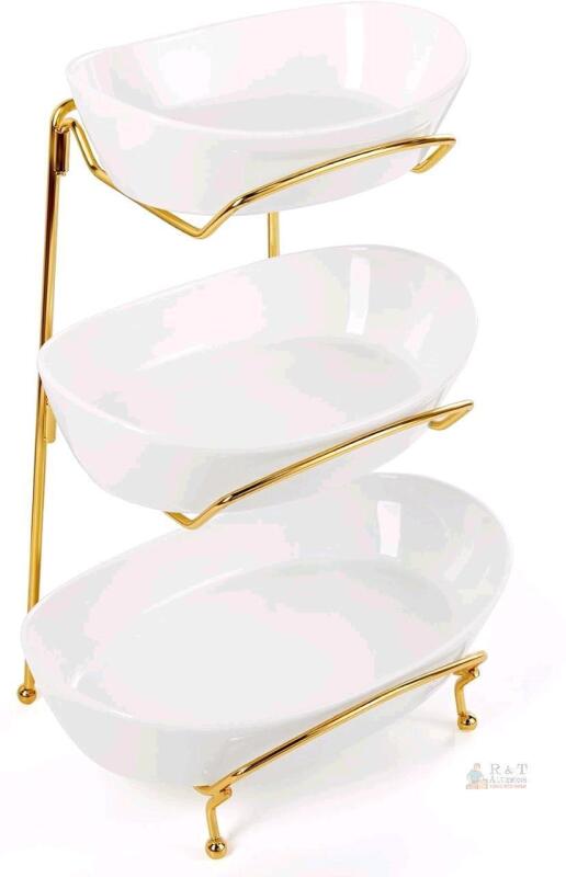 New Yedio Fruit Bowls for Kitchen Counter, 3 Tier Ceramic Fruit Basket with Serving Bowls Metal Stand, Tiered White Porcelain Bowls for Fruit Vegetable Storage, Snack, Nuts, Cake, Dessert