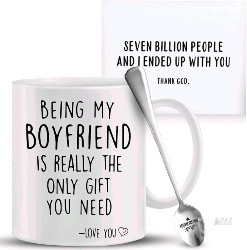 New Funny Boyfriend Gifts, 3 Pack - Coffee Mug, Spoon and Matching Card- Cute Couple Anniversary Gift