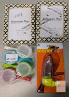 Mixed household goods lot (photo frames, kitchen strainers, bird feeder)