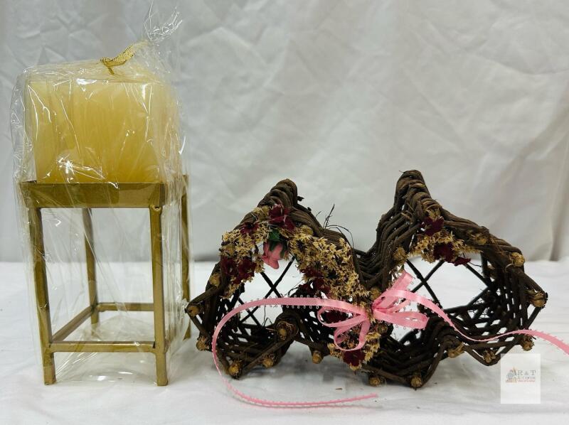 Square Pillar Candle with Gold Metal Stand and Heart-Shaped Grapevine Floral Basket Decor Set