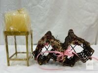 Square Pillar Candle with Gold Metal Stand and Heart-Shaped Grapevine Floral Basket Decor Set