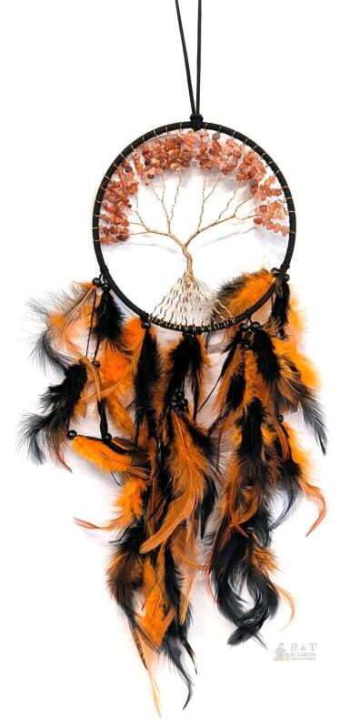 New Black & Orange Tree of Life Dreamcatcher With Polished Semiprecious Stones & Wire-Wrapped Tree, Hoop 6.25" Diameter, 18" Long To Top of Loop