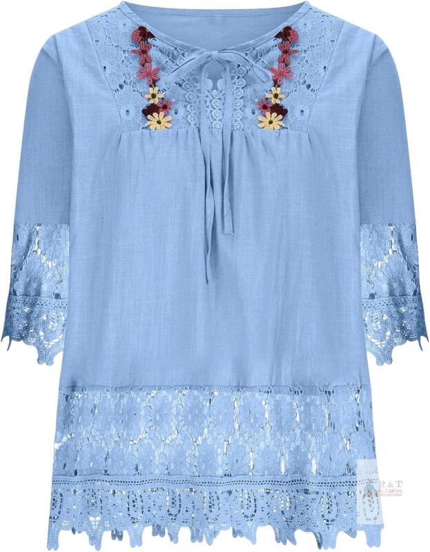 New Size 18 Women's Linen-Style Cotton Blend Boho Top Floral Embroidered Lace Shirts 3/4 Sleeve Flowy Blouses Plus Size Loose Shirts Summer Tunic Top