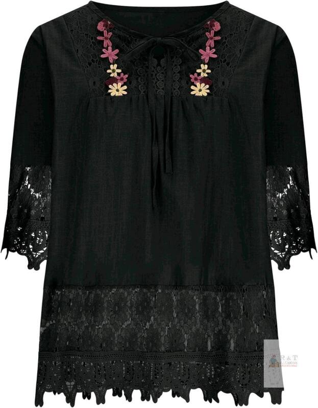 New Size 18 Women's Linen-Style Cotton Blend Boho Top Floral Embroidered Lace Shirts 3/4 Sleeve Flowy Blouses Plus Size Loose Shirts Summer Tunic Top