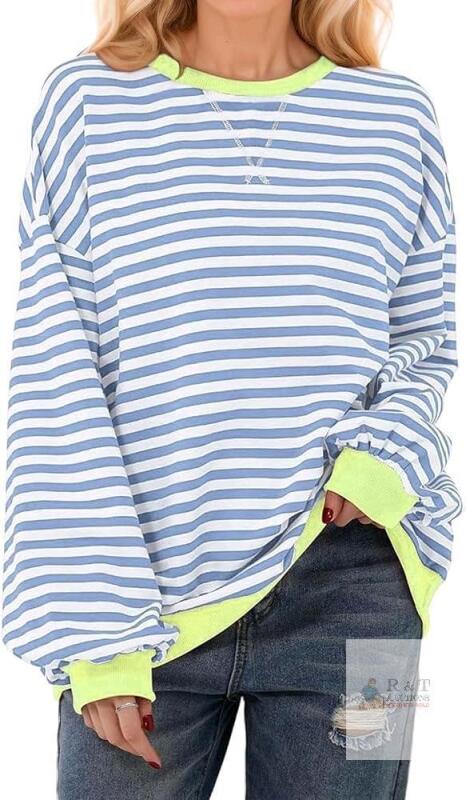 New Size MED Women Oversized Sweatshirts Crewneck Striped Color Block Long Sleeve Y2k Clothing Loose Shirts Pullover Tops