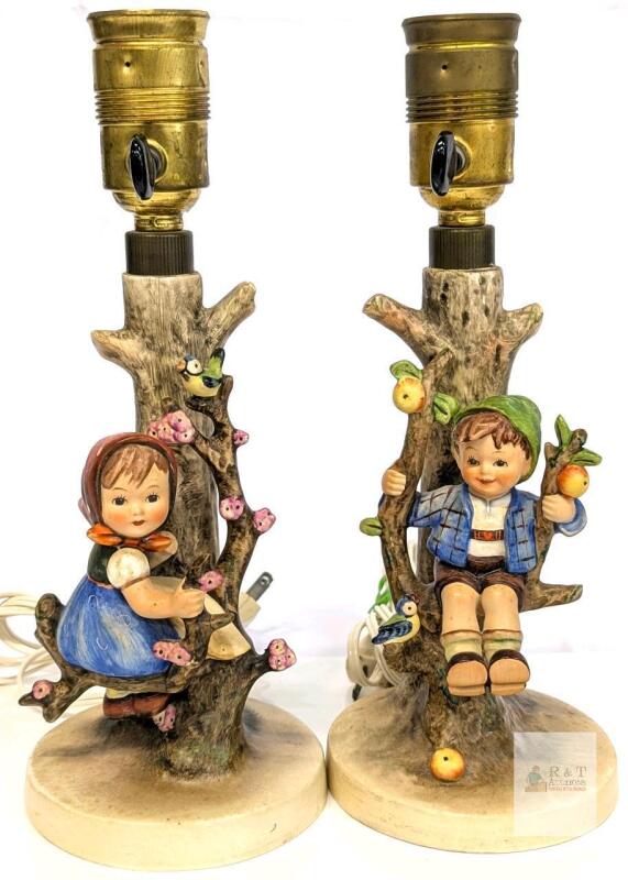 Vintage Pair of Hummel Goebel Apple Tree Boy & Girl Figurine Lamps 229 & 230, West Germany, 10.75" Tall Each, Working, Bulbs Not Included