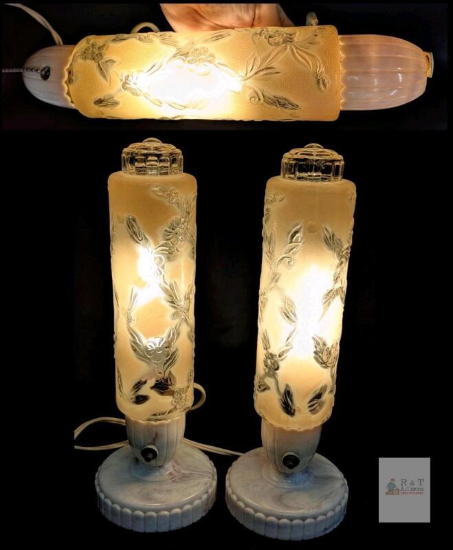 Vintage Art Deco Alwyn Frosted Floral Glass Celluloid Torpedo Boudoir Vanity Table & Bed Headboard Lamp Set, All Working, With Bulbs, Up To 11.75" Tall