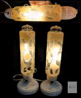 Vintage Art Deco Alwyn Frosted Floral Glass Celluloid Torpedo Boudoir Vanity Table & Bed Headboard Lamp Set, All Working, With Bulbs, Up To 11.75" Tall