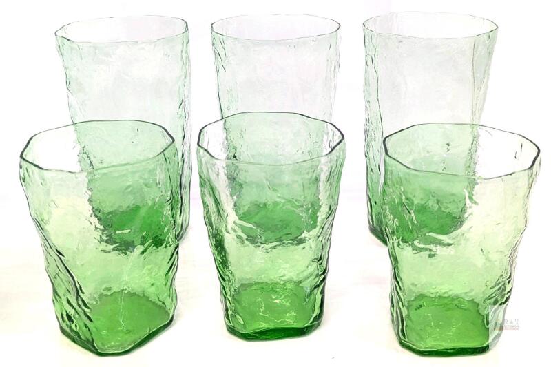 6 MCM Vintage Morgantown Driftwood Green Crinkle Glasses - 4" - 5.75"