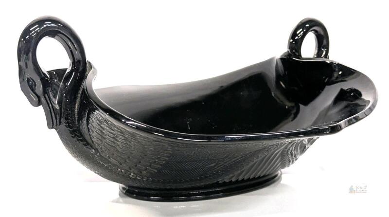 Vintage Unsigned Early FENTON Black Glass Swan Bowl - 5.4" Tall &times; 10.5" &times; 12" Long