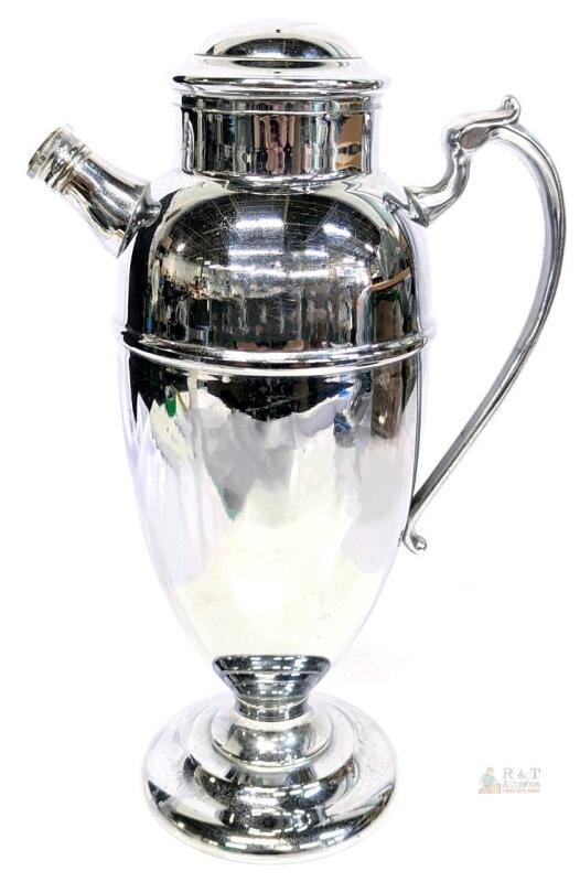 Vintage Art Deco Silver-Plated Cocktail Shaker with Built-in Strainer and Handle 11.75" Tall. No maker's marks or stamps noted