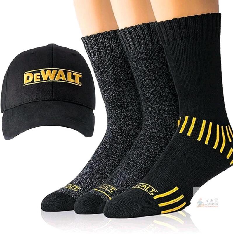 New Size LG (10-13) Men's DeWALT 3-Pack Cotton Blend Crew Socks & Ball Cap for Work, Casual, Athletic, Hiking Indoor, Outdoor Thermal Socks - Eliminate Odor, Wick Moisture & Breathable