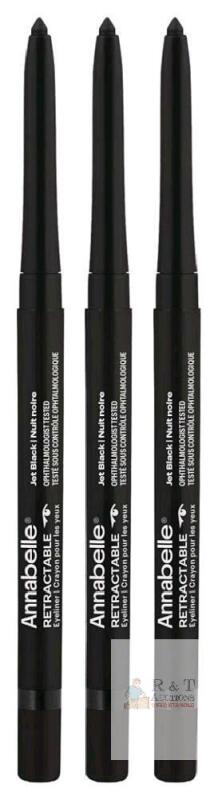 3 New Annabelle JET BLACK Retractable Eyeliner, Intense Colour, Rich Creamy Texture, Long-Lasting, Waterproof, Gluten-Free, Paraben-Free, Fragrance-Free, Cruelty-Free, 0.3 g