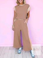New Size XL Women's SHEWIN Two 2 Piece Lounge Set Casual Short Sleeve T Shirts Matching Wide Leg Pants Comfy Loungewear Tracksuit Apricot