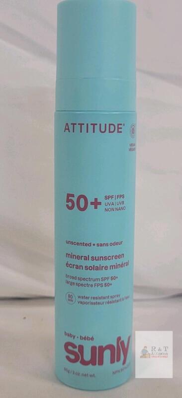 Attitude Sunly Baby Mineral Sunscreen Spray SPF 50+, 3 oz, Unscented, Water Resistant