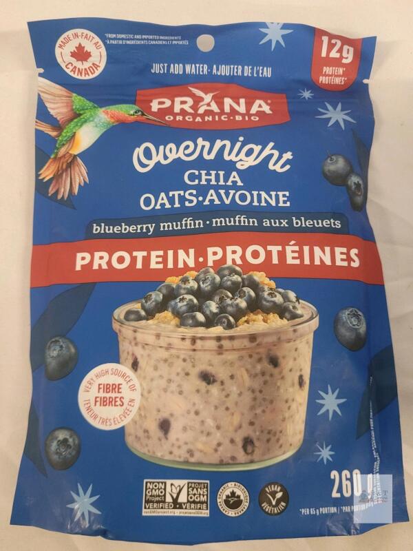 Prana Organic Overnight Chia Oats Blueberry Muffin, 260g, High Protein, Vegan, LOT 46353