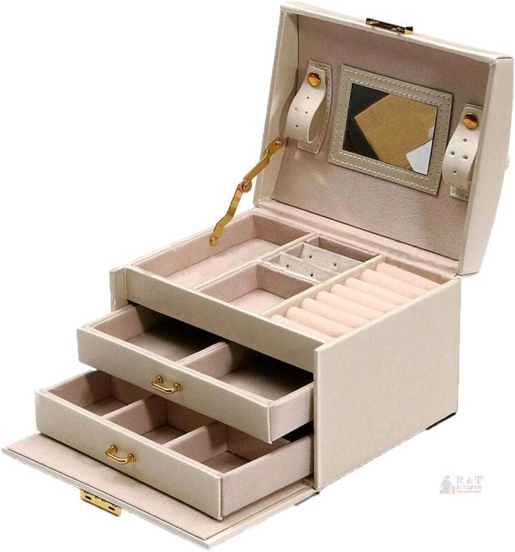New Beige Leatherette Jewelry Box with Gold-Tone Hardware, Mirror, 2 Drawers, Multiple Compartments