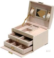 New Beige Leatherette Jewelry Box with Gold-Tone Hardware, Mirror, 2 Drawers, Multiple Compartments