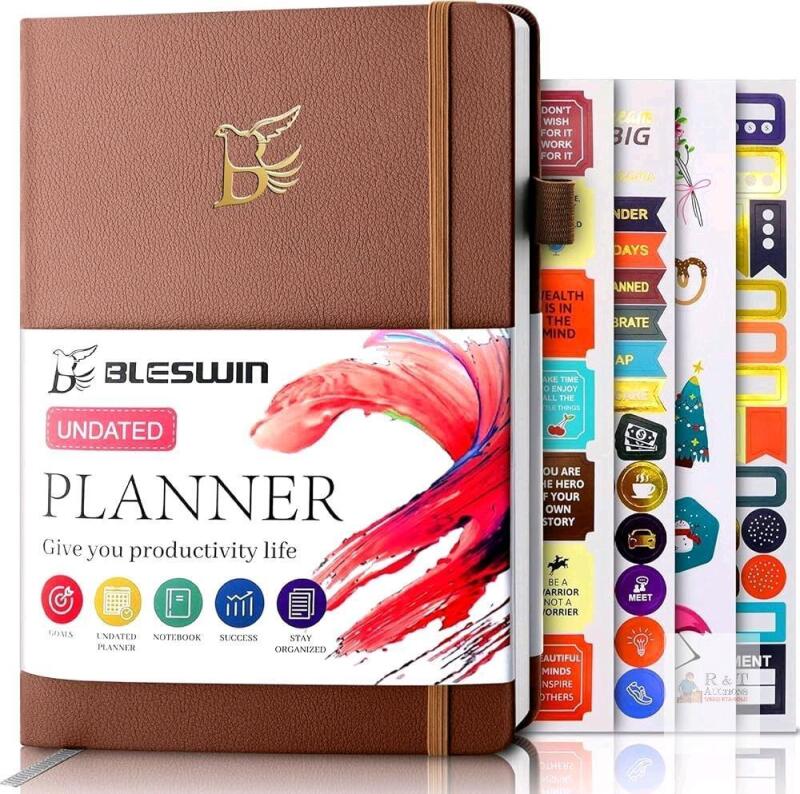 New Bleswin Undated A5 Weekly, Vegan Leather Hardcover Planner with Sticker Tabs, Organizer Notebook, Weekly Goals Planner, Daily Planner, To Do List, Habit Tracker, Aesthetic, School or Office