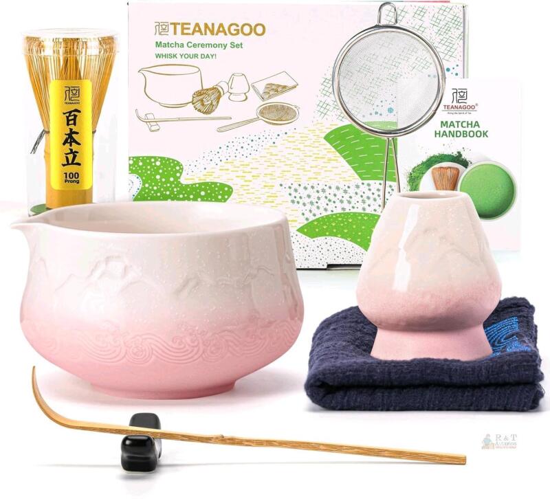 New TEANAGOO Pink/White 7pc Matcha Set, Tradition Tea Set for Making Breakfast/Latte, Matcha Whisk Set with Bowl(Chawan)/Whisk and Holder, Gift for Family/Friend