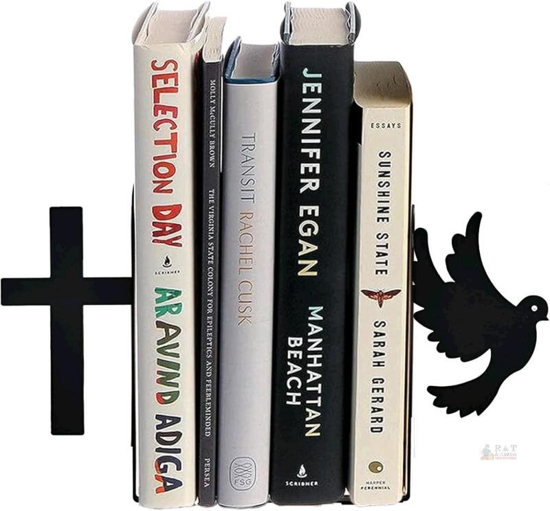 New Pair Christian Peaceful Dove Metal Bookends for Shelves Decorative, Heavy Book Stopper, Black Bird Book Holder for Home Office School Library