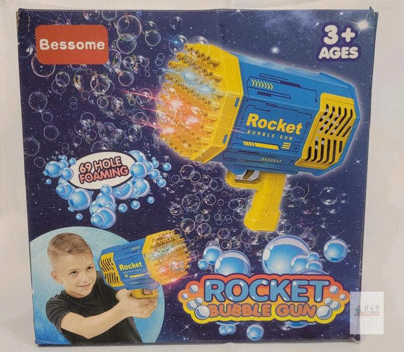 NEW Bessome Rocket Bubble Gun Toy, 69-Hole LED, Multiple Colors, for Kids Ages 3+, With Bubble Tray