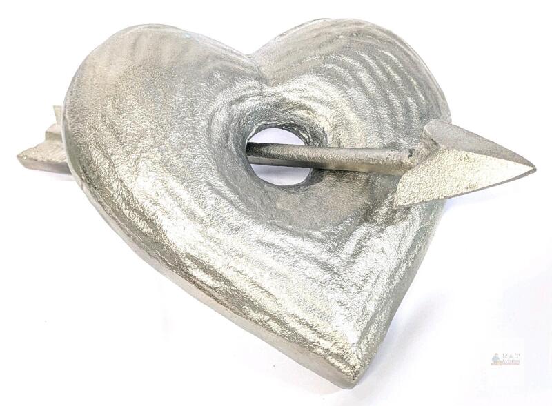 Silver Cast Aluminum Heart with Arrow Sculpture, Tabletop or Wall Art Decor 12.75" Long. Cast lightweight metal, Non-Magnetic. No maker's marks or stamps noted.