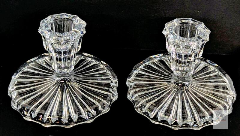 Vintage Clear Pressed Glass Ribbed Candlestick Holders, Pair, Flared Base Base 4.1" &times; 2.5" Tall. Chip on one point near the top. No maker's marks or stamps noted.