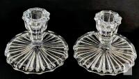 Vintage Clear Pressed Glass Ribbed Candlestick Holders, Pair, Flared Base Base 4.1" &times; 2.5" Tall. Chip on one point near the top. No maker's marks or stamps noted.