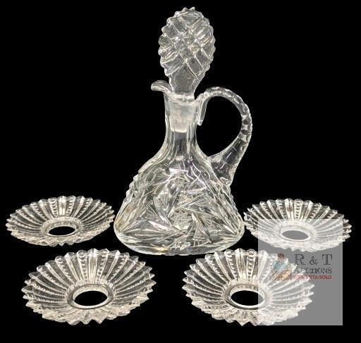 4 Vintage 3.5" Bob&egrave;che (Candle Wax Catchers) & 7.75" Tall Pinwheel Crystal Cruet With Intact Stopper