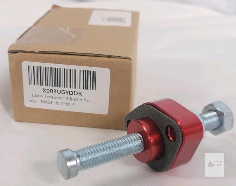 Motorcycle Chain Tensioner Adjuster, Red Anodized, Aluminum Alloy Body, Mounting Bolts Included