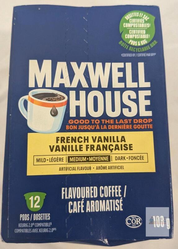 Maxwell House French Vanilla Keurig 12 Compostable Coffee Pods, Medium Roast, 108g Box, Kosher COR 141