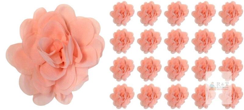 20 New 3.9" Chiffon Flowers, Mesh Fabric Flowers Sewing Fabric Appliques Headband Embellishments for DIY Craft Wedding Decor, Peach, 2 Boxes of 10 Flowers Each