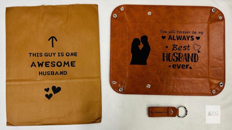 Personalized Husband Leather Valet Tray & Keychain Gift Set with Gift Bag