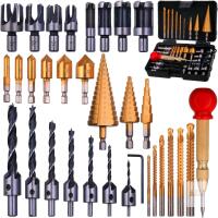 New Rocaris 32 Pack Woodworking Chamfer Drilling Tools, Including Countersink Drill Bits, L-Wrench, Wood Plug Cutter, Step Drill Bit, Center Punch, Cutting Twist Drill Bits