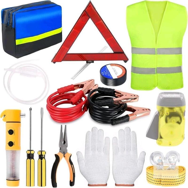 New Swpeet 13Pcs Car Roadside Emergency Kit, Safety Triangle Warning and Reflective Safety Vest, Jumper Cables, Tow Strap, Flashlight, Glove, Vehicle Auto Truck Safety Emergency Road Side Assistance Kits