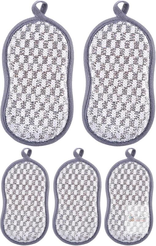 5 New Double-Sided Microfiber Scrubbing Sponges / Scouring Pads, 6.5" Long Each With Liop For Hanging