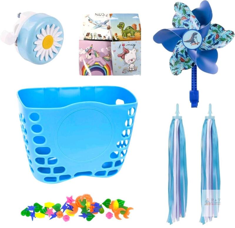 New Blue Kids Bike Basket, Bike Basket 7.5" &times; 5" &times; 5.5" Front Bike Accessories for Kids, Sturdy Plastic Bicycle Basket with Random Stickers, Bike Bell, Windmill, Assorted Tire Spoke Clackers & 1 Pair Tassels