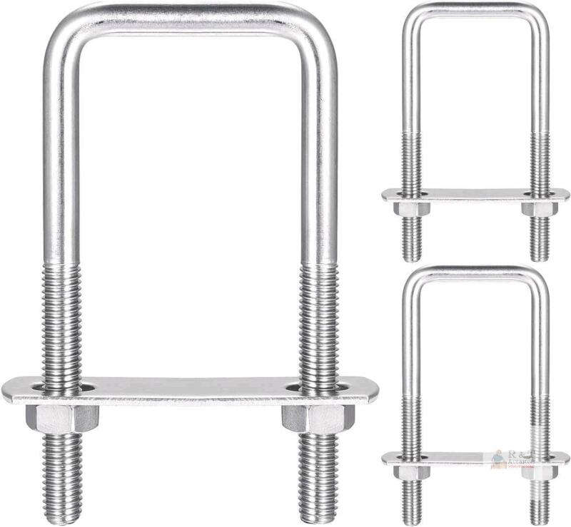 New Square U-Bolts, 3 Sets 42mm(1.65") Inner Width 100mm Length M8 304 Stainless Steel U Clamp Bolt with Nuts and Plates, for Boat Trailer