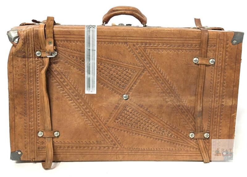 Vintage Tooled Leather Suitcase, 25.75" &times; 8.75" &times; 15.5", Broken Strap & Dent in Corner, No Odor, Without Key