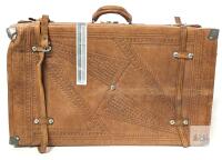 Vintage Tooled Leather Suitcase, 25.75" &times; 8.75" &times; 15.5", Broken Strap & Dent in Corner, No Odor, Without Key