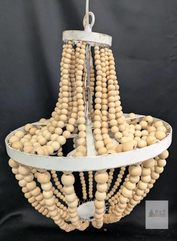 As-New Natural Wood Bead & White Accents Hard-Wire Lighting Chandelier