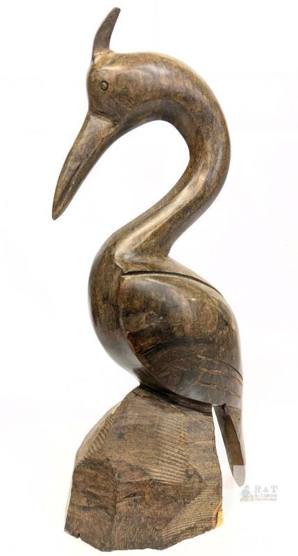 Vintage Hand Carved Ironwood Fantastical Bird, 13.75" Tall, Surprisingly Heavy Buttery-Smooth Wood, Knick In Back Corner of Carved " Rock " Base