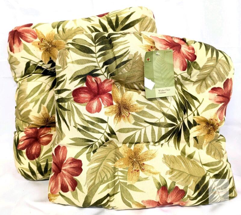 2 New Garden Place Tropical Flower Foliage Wicker Chair Cushions, 19" &times; 16" &times; 3.75" High